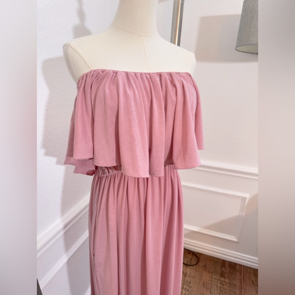 MAUVE Flowy Off The Shoulder Ruffle Party Dress Side Split Beach Maxi + POCKETS! - Picture 7 of 17